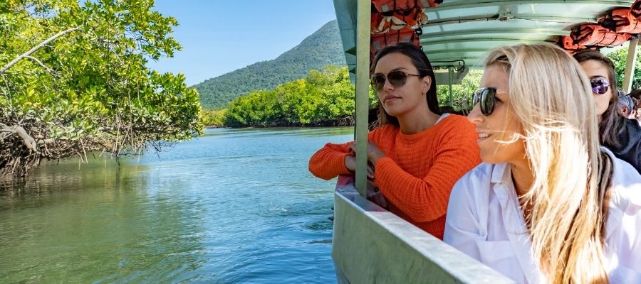 Tour group looking for crocodiles on boat